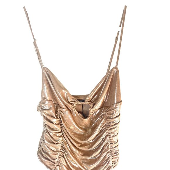 ZARA Shimmer Ruched Bodysuit XL Metallic Shiny Gold Polyester/Elastane NWT - Picture 8 of 15